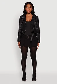 Womens Cropped Faux Leather Belted Front Moto Jacket,