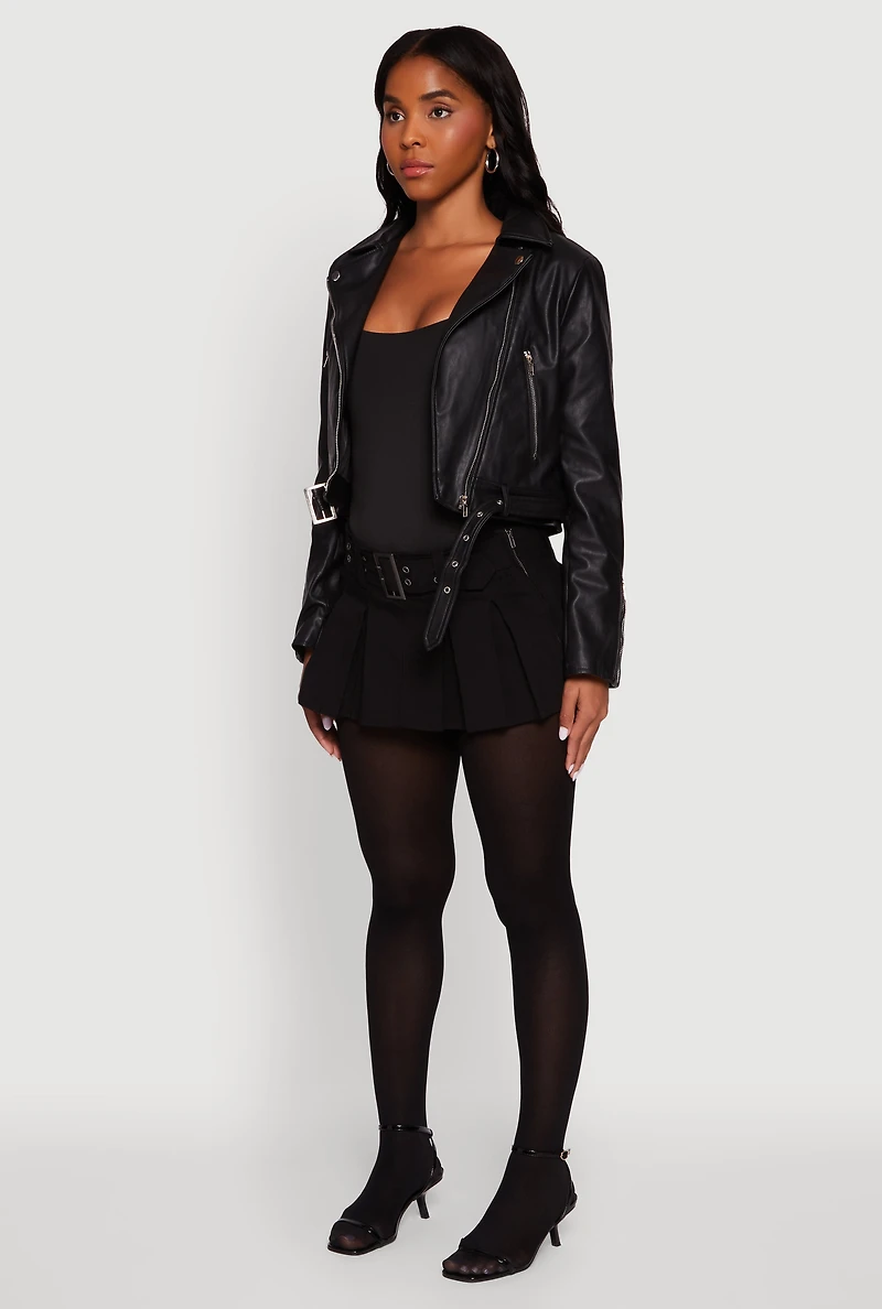 Womens Cropped Faux Leather Belted Front Moto Jacket,
