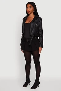 Womens Cropped Faux Leather Belted Front Moto Jacket,