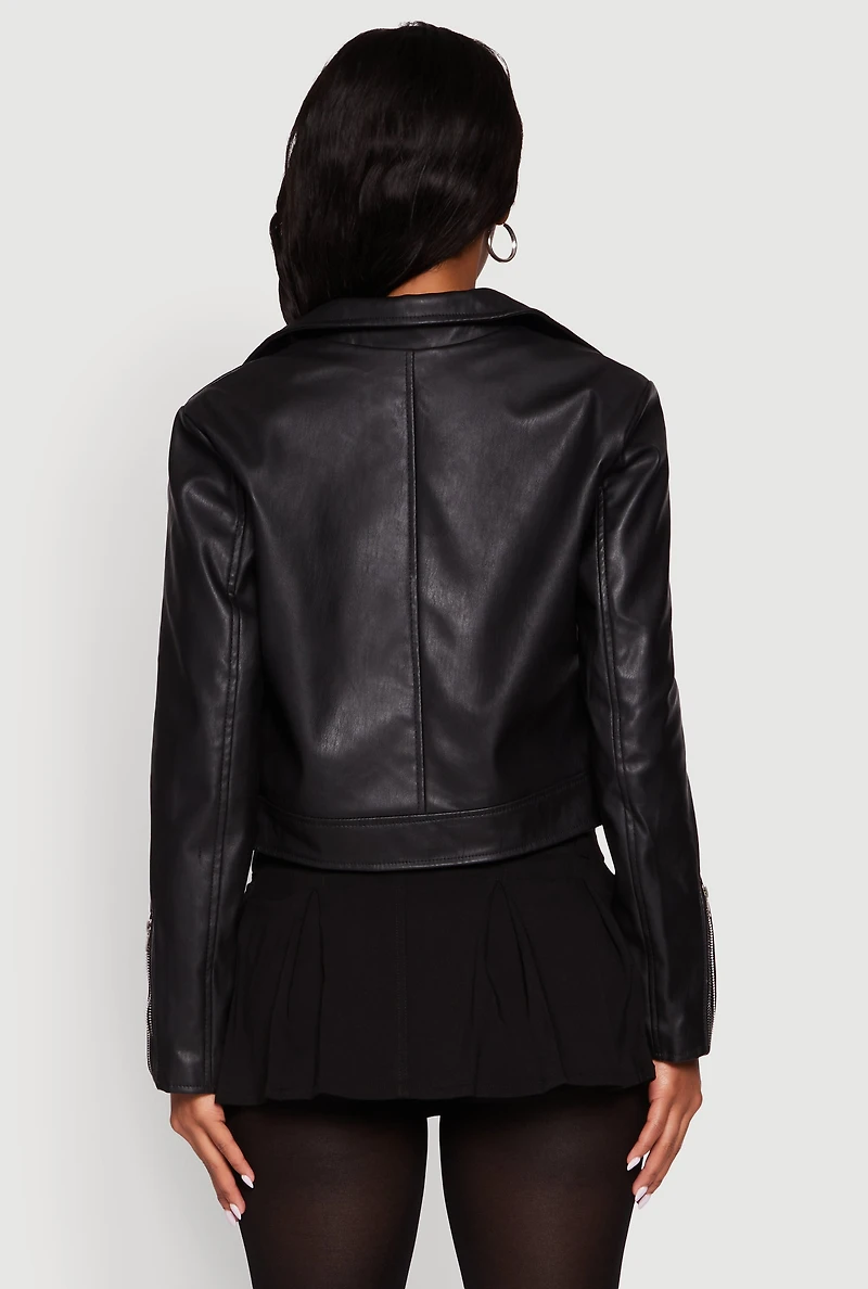 Womens Cropped Faux Leather Belted Front Moto Jacket,