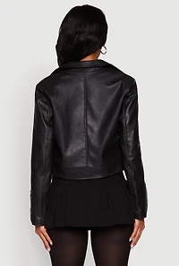 Womens Cropped Faux Leather Belted Front Moto Jacket, S