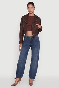Womens Cropped Faux Leather Belted Front Moto Jacket, Brown, Size L