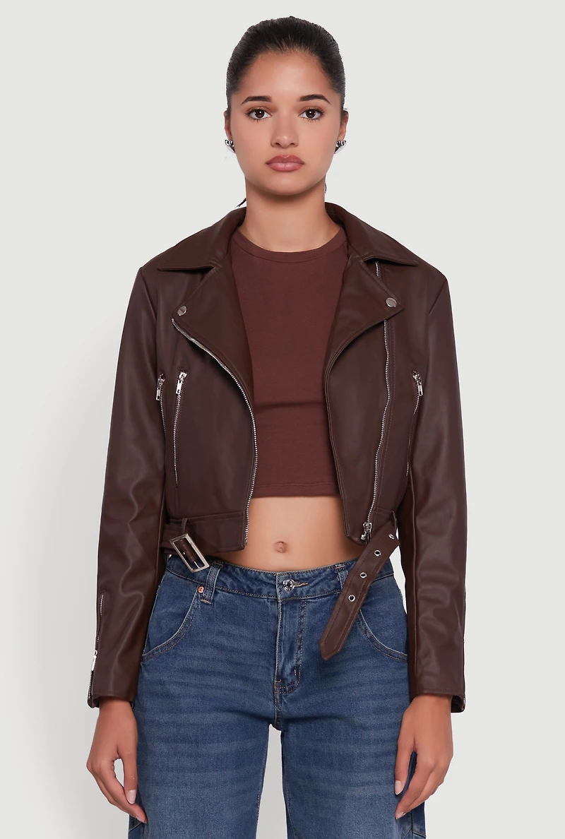 Womens Cropped Faux Leather Belted Front Moto Jacket, Brown, Size L