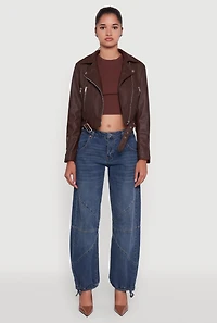 Womens Cropped Faux Leather Belted Front Moto Jacket, Brown, Size L