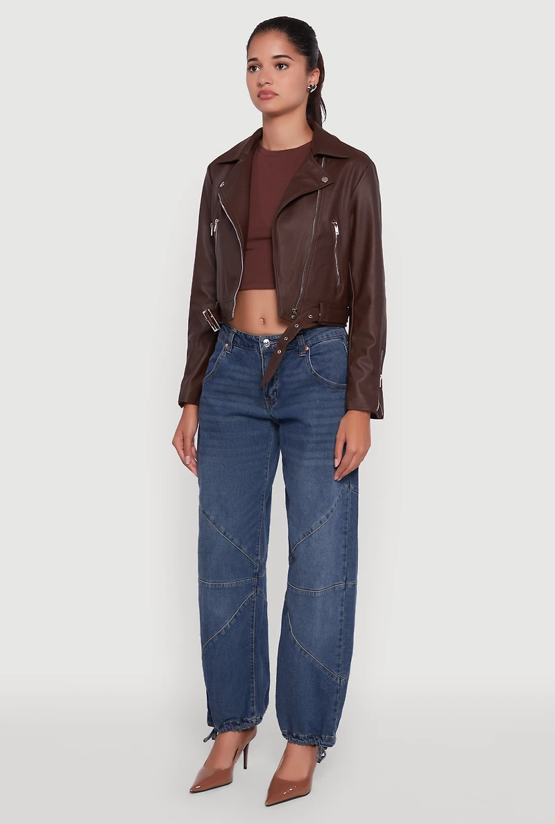 Womens Cropped Faux Leather Belted Front Moto Jacket, Brown, Size L
