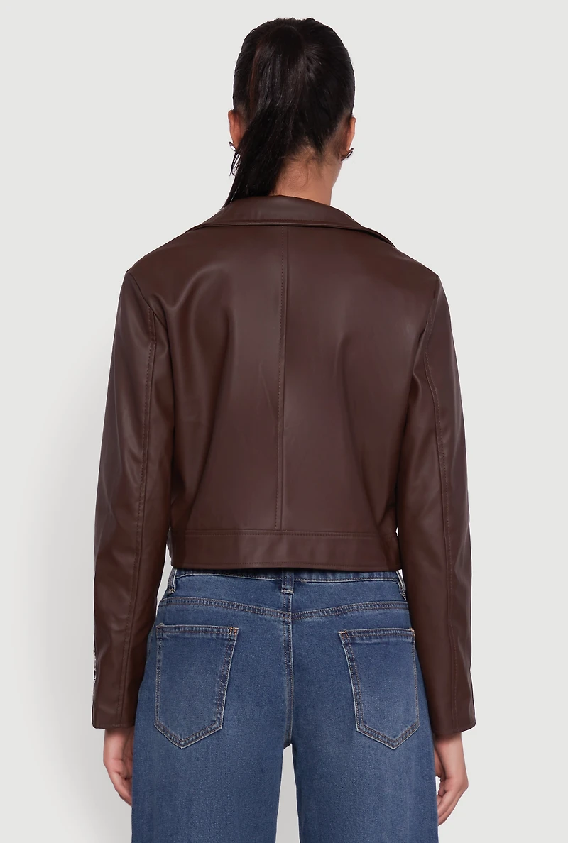 Womens Cropped Faux Leather Belted Front Moto Jacket, Brown, Size L
