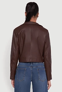Womens Cropped Faux Leather Belted Front Moto Jacket, Brown, Size L