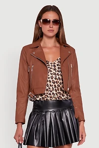 Womens Cropped Faux Leather Belted Front Moto Jacket, Brown,