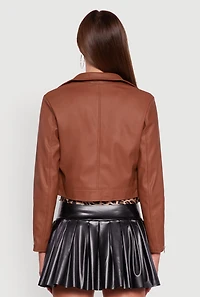 Womens Cropped Faux Leather Belted Front Moto Jacket, Brown, Size L