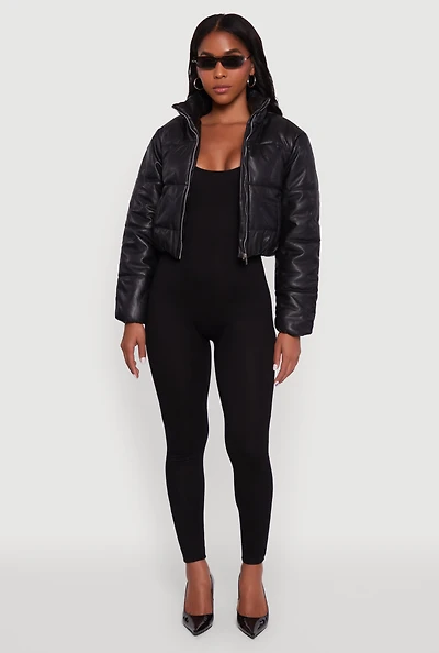 Womens Cropped Faux Leather Puffer Jacket, M