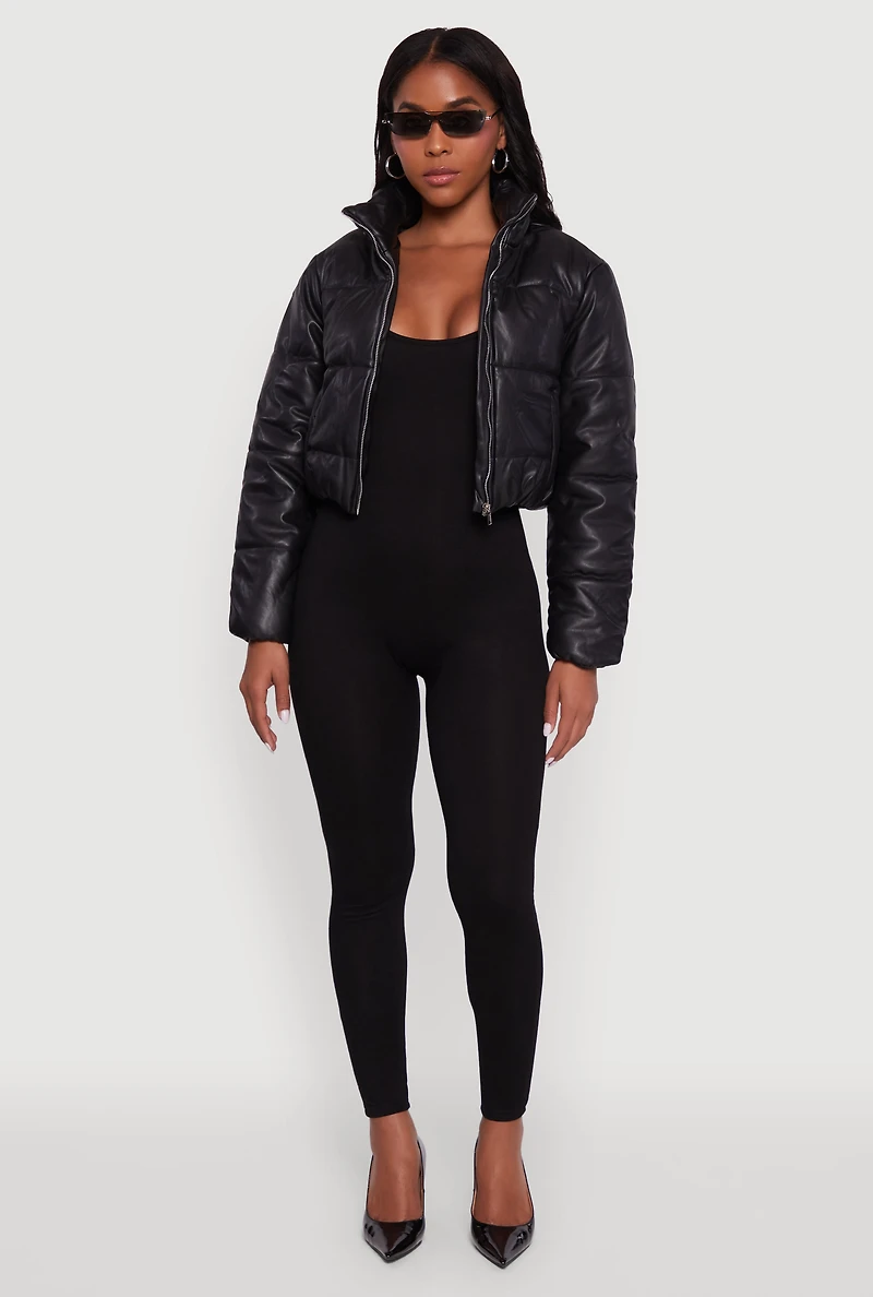 Womens Cropped Faux Leather Puffer Jacket, Black, Size M