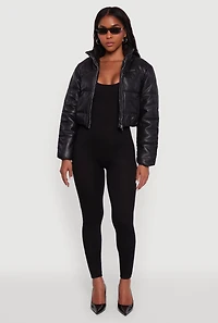 Womens Cropped Faux Leather Puffer Jacket, Black, Size M