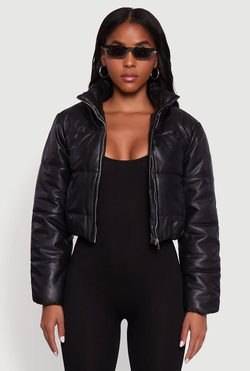 Womens Cropped Faux Leather Puffer Jacket, M