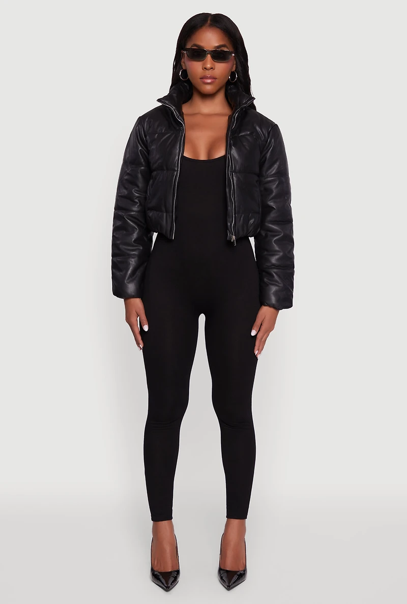 Womens Cropped Faux Leather Puffer Jacket, Black, Size M