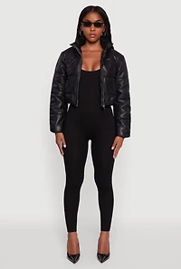 Womens Cropped Faux Leather Puffer Jacket, Black, Size M