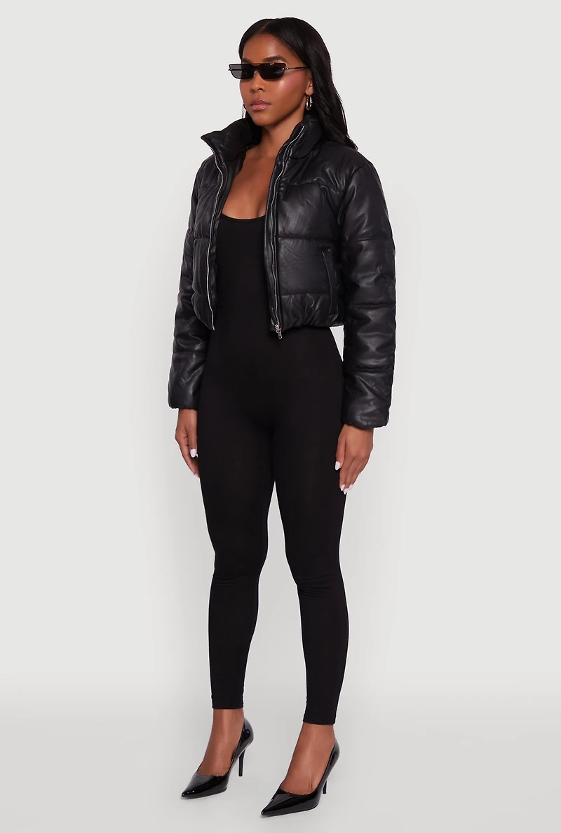 Womens Cropped Faux Leather Puffer Jacket, M