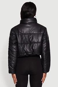 Womens Cropped Faux Leather Puffer Jacket, M