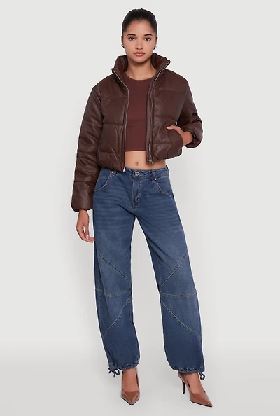 Womens Cropped Faux Leather Puffer Jacket, Brown,