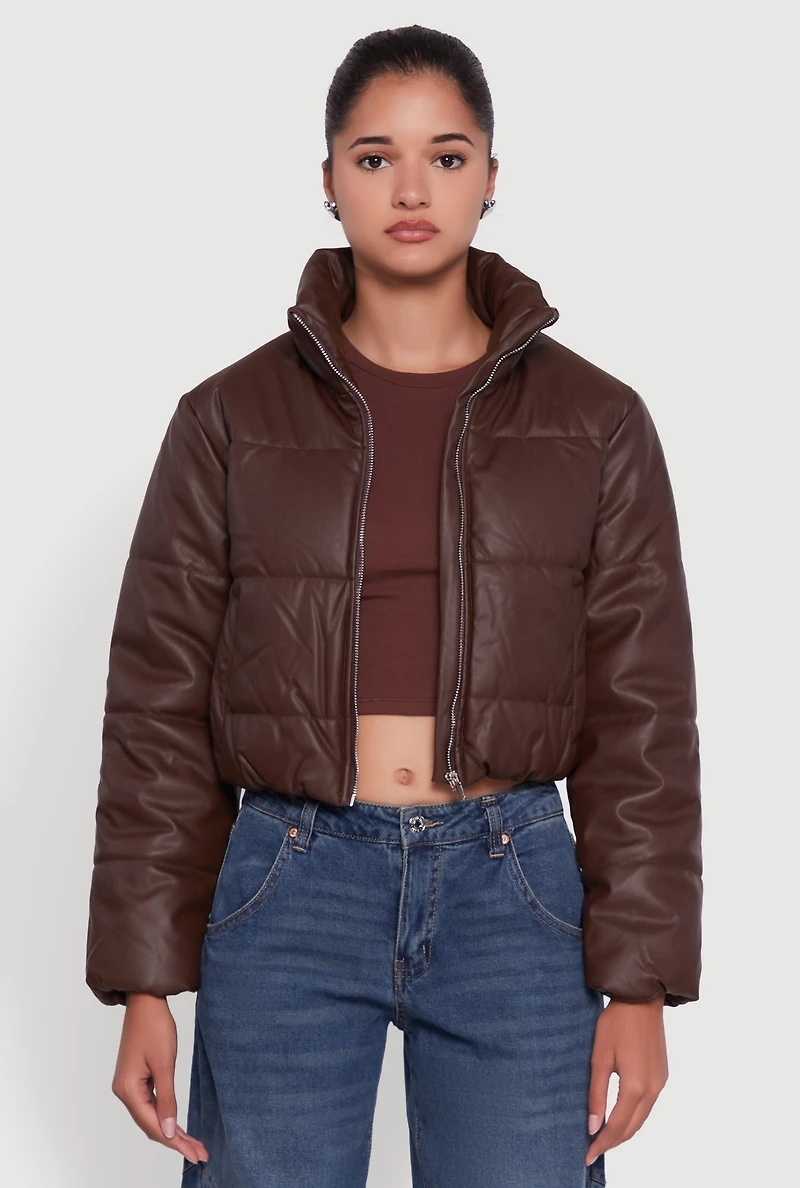 Womens Cropped Faux Leather Puffer Jacket,