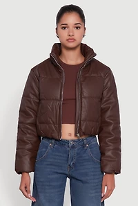 Womens Cropped Faux Leather Puffer Jacket,