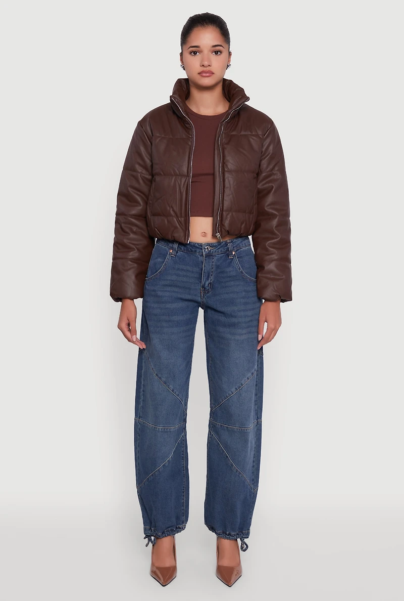 Womens Cropped Faux Leather Puffer Jacket,