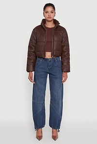 Womens Cropped Faux Leather Puffer Jacket,