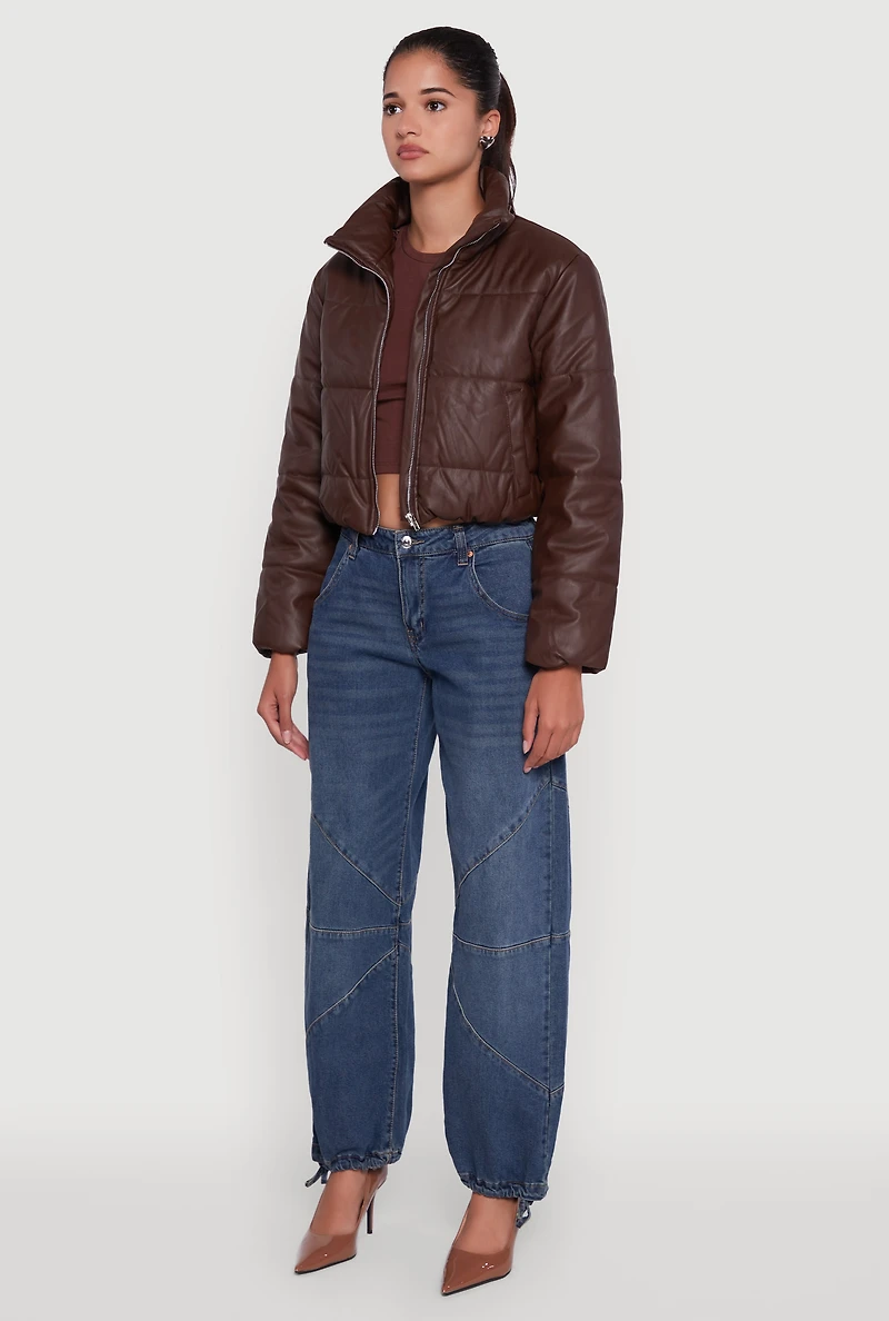 Womens Cropped Faux Leather Puffer Jacket,