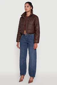 Womens Cropped Faux Leather Puffer Jacket,