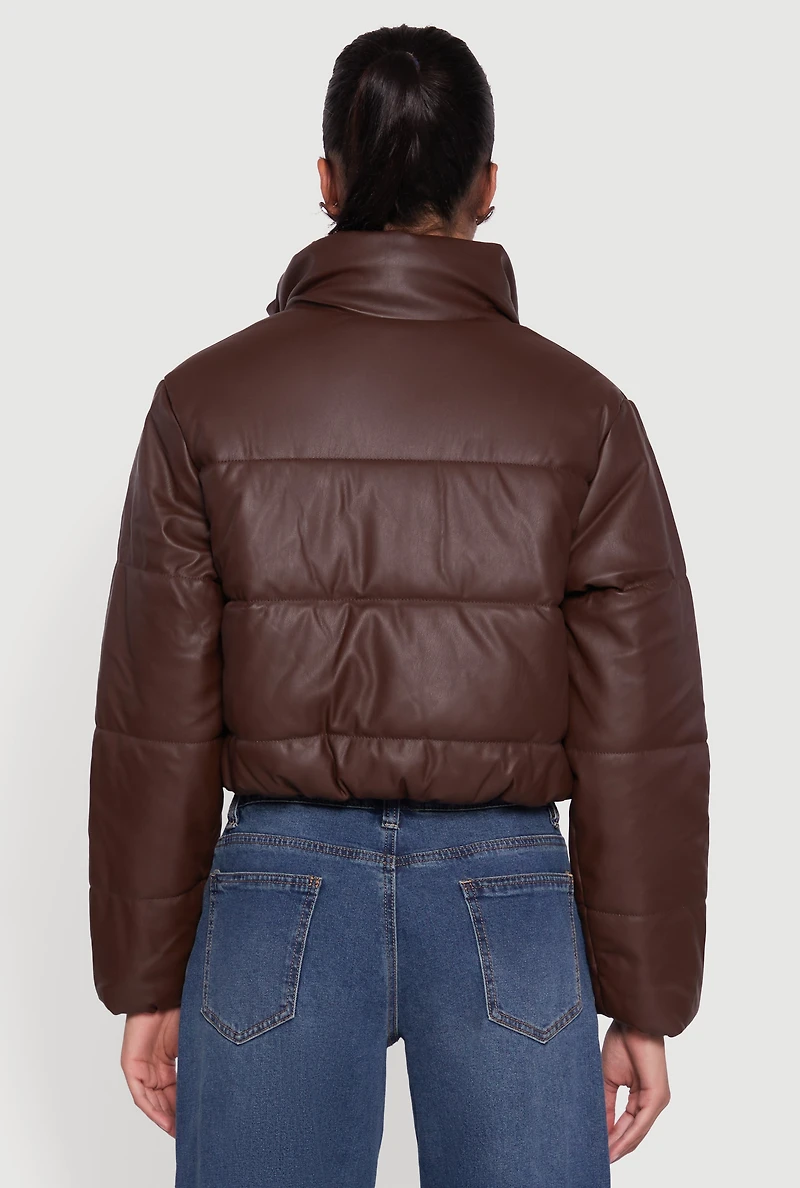 Womens Cropped Faux Leather Puffer Jacket,