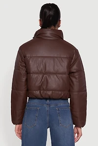 Womens Cropped Faux Leather Puffer Jacket,