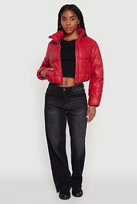 Womens Cropped Faux Leather Puffer Jacket, Red,