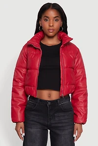 Womens Cropped Faux Leather Puffer Jacket, Red,