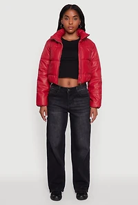 Womens Cropped Faux Leather Puffer Jacket, Red,