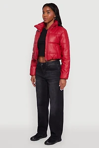 Womens Cropped Faux Leather Puffer Jacket, Red,