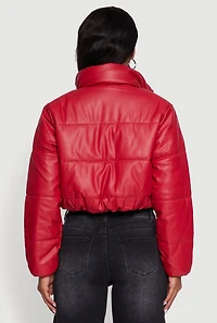Womens Cropped Faux Leather Puffer Jacket, Red,