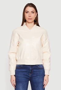 Solid Faux Leather Bomber Jacket