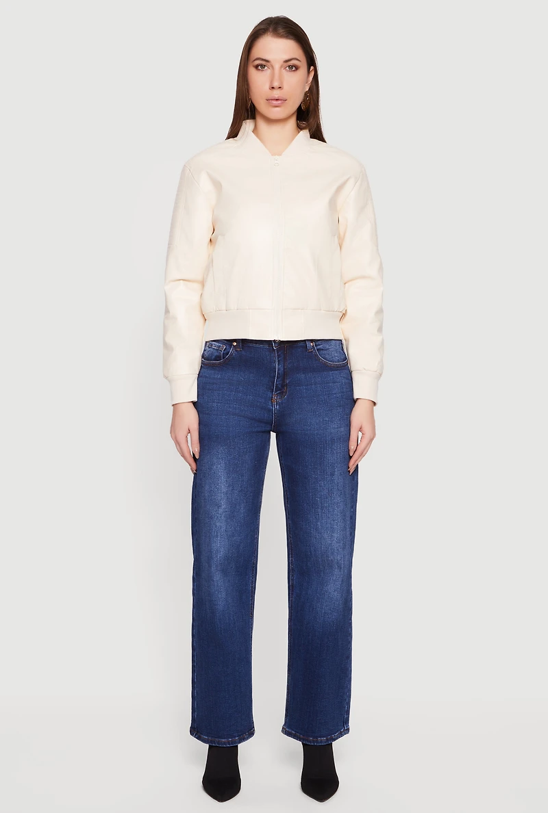 Womens Solid Faux Leather Bomber Jacket, White, Size M