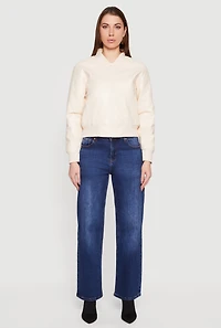 Womens Solid Faux Leather Bomber Jacket, White, Size M