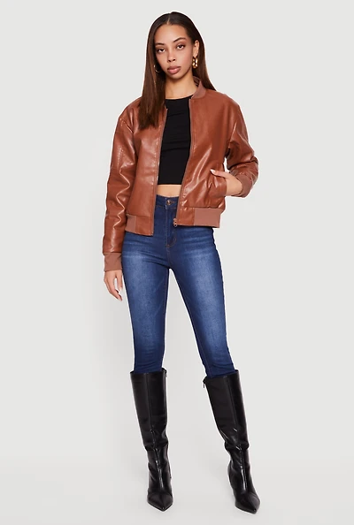 Womens Solid Faux Leather Bomber Jacket,