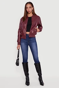 Womens Solid Faux Leather Bomber Jacket, Burgundy,