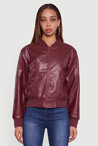 Womens Solid Faux Leather Bomber Jacket, Burgundy,