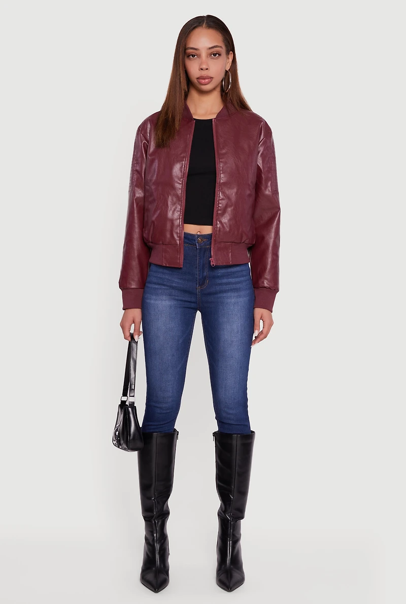 Womens Solid Faux Leather Bomber Jacket, Burgundy,