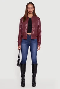 Womens Solid Faux Leather Bomber Jacket, Burgundy,