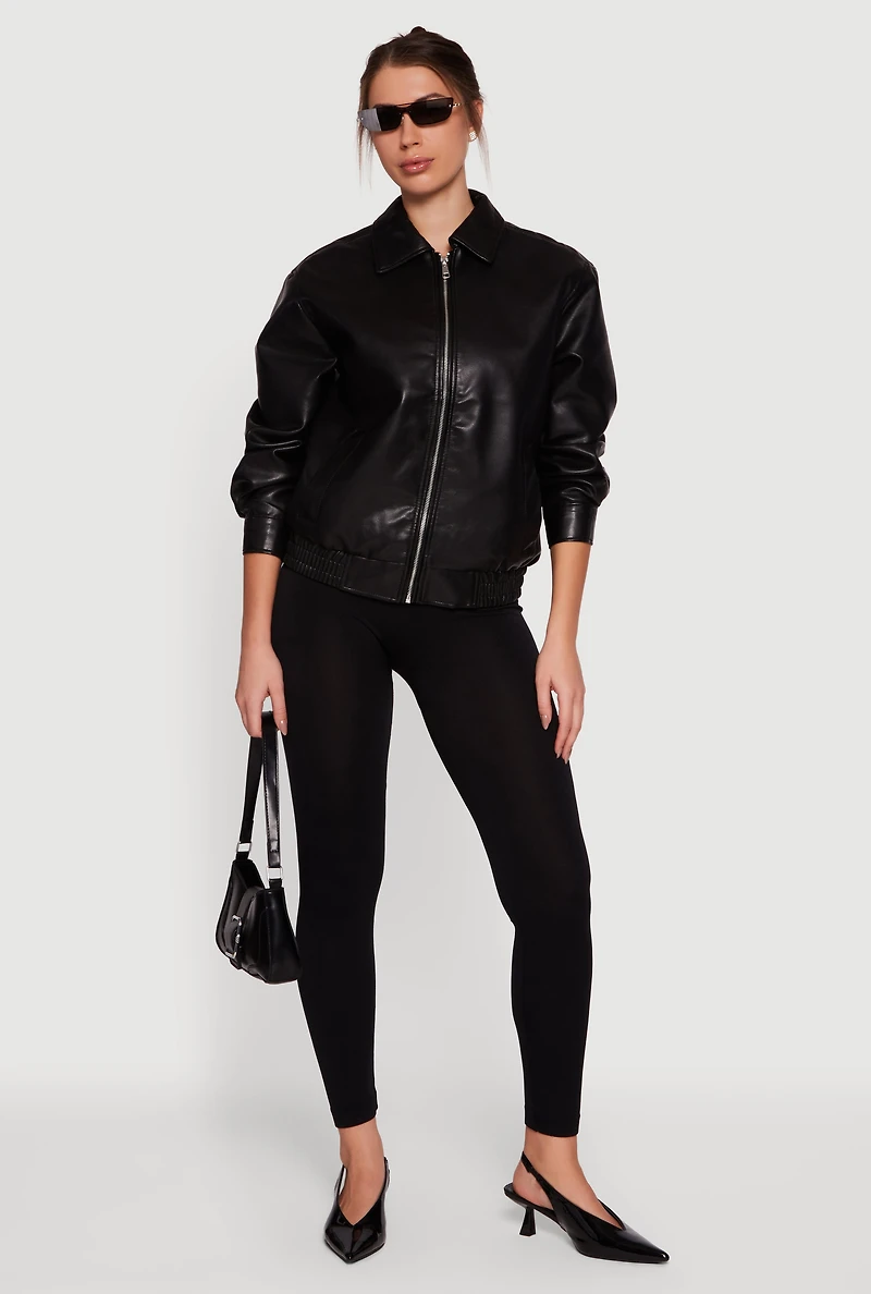 Faux Leather Zip Front Bomber Jacket
