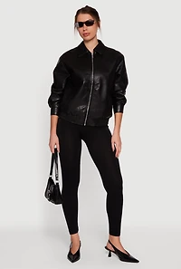 Faux Leather Zip Front Bomber Jacket
