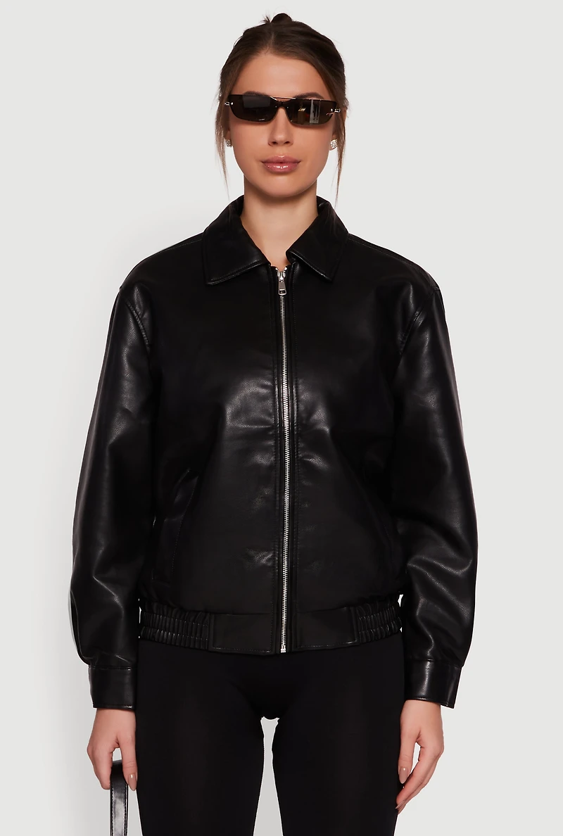 Faux Leather Zip Front Bomber Jacket