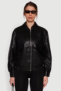 Faux Leather Zip Front Bomber Jacket