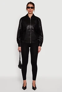 Faux Leather Zip Front Bomber Jacket