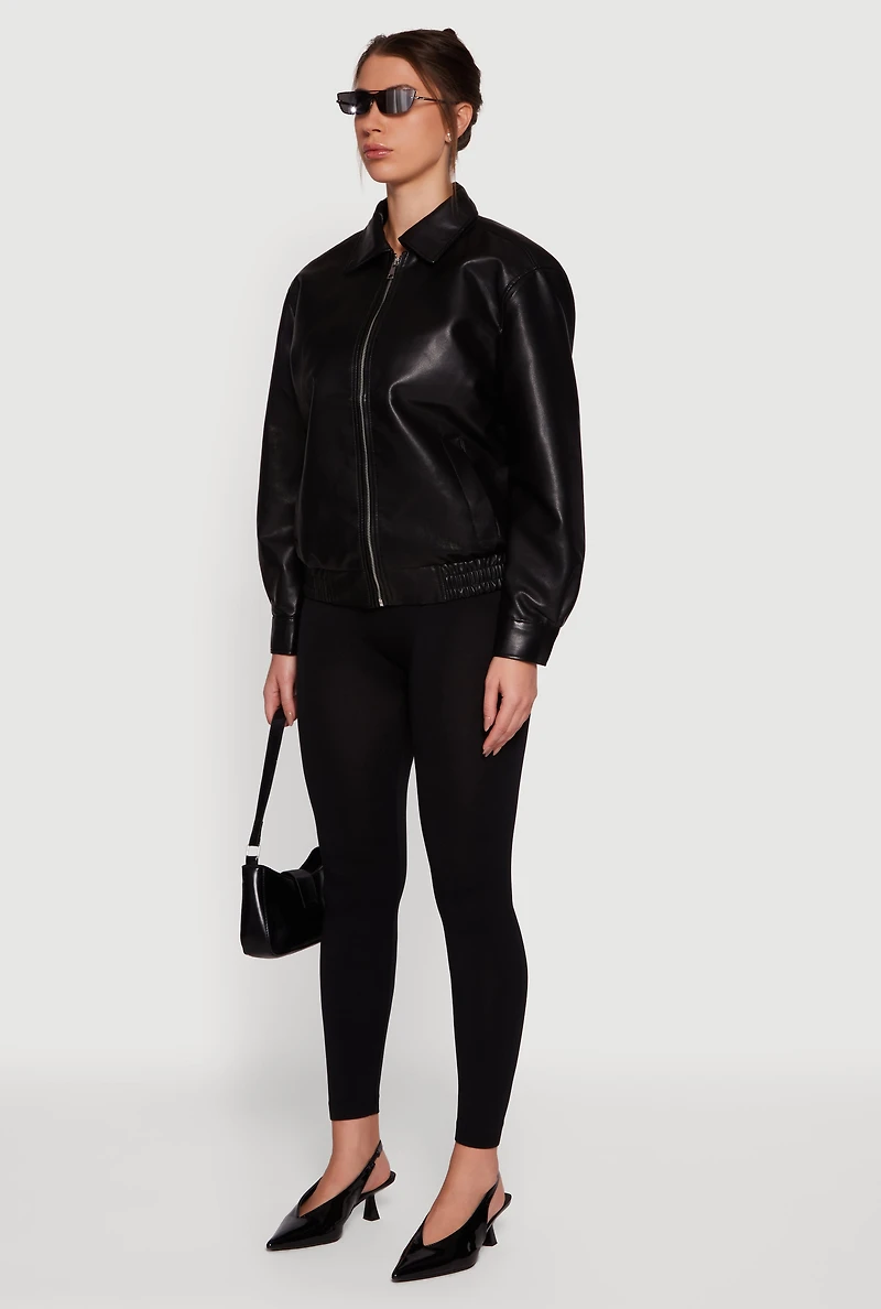 Faux Leather Zip Front Bomber Jacket