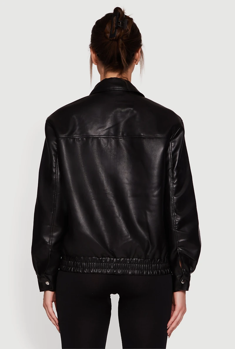 Faux Leather Zip Front Bomber Jacket